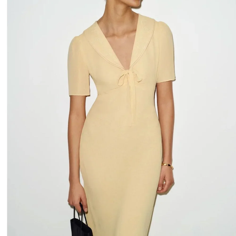 Reformation Hiroka Midi Dress - Parmesan Light Yellow Beige French - Picture 2 of 10